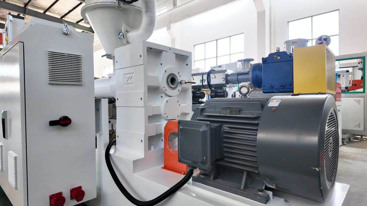 Main drive motor coupled to the gearbox on a pipe extruder