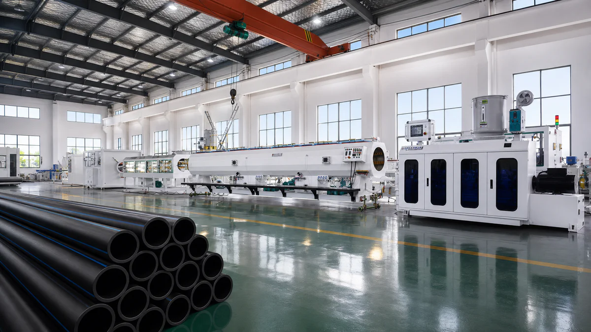 Complete pipe extrusion line with die head and haul off