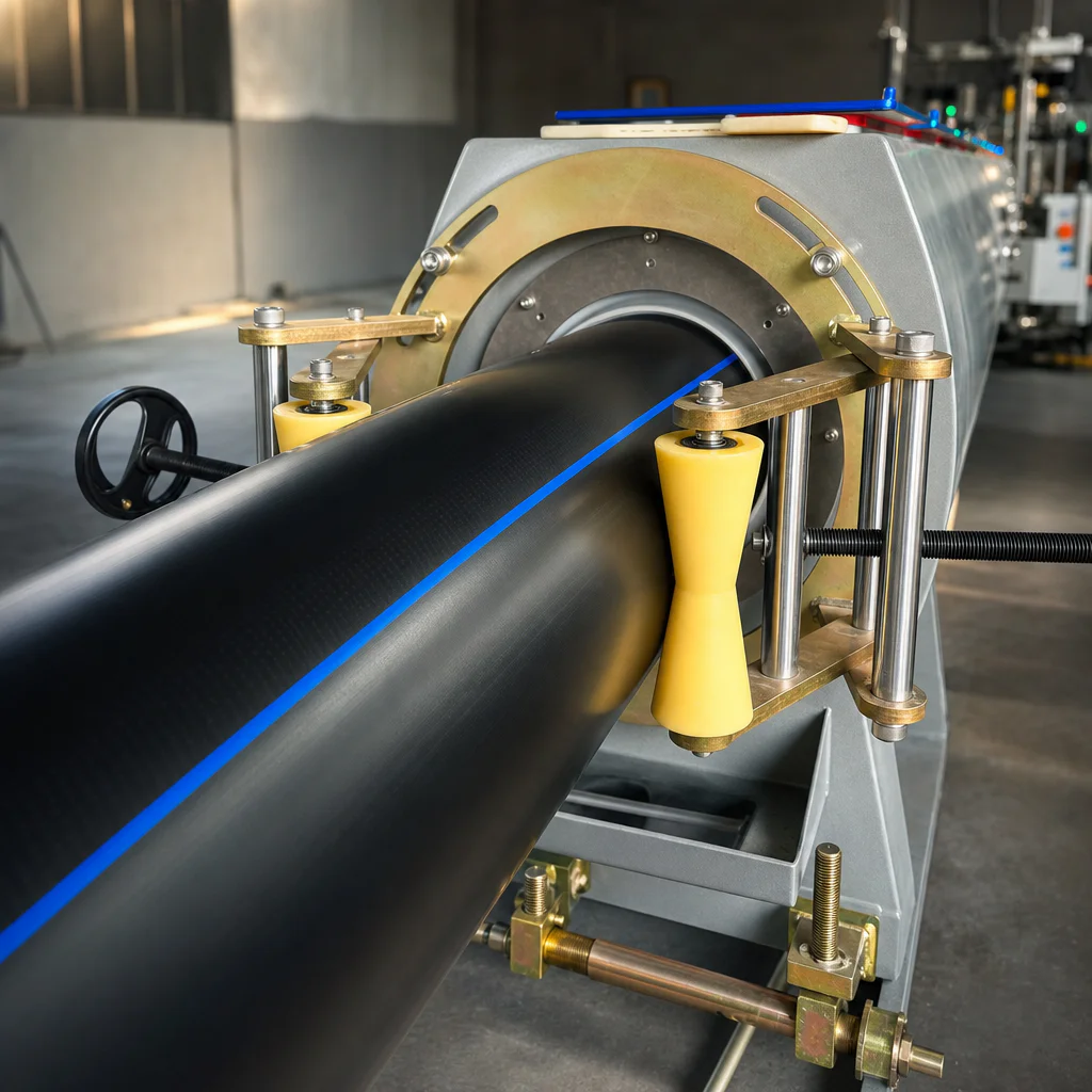 A large black HDPE pipe with a blue stripe exits a vacuum calibration tank on a factory floor
