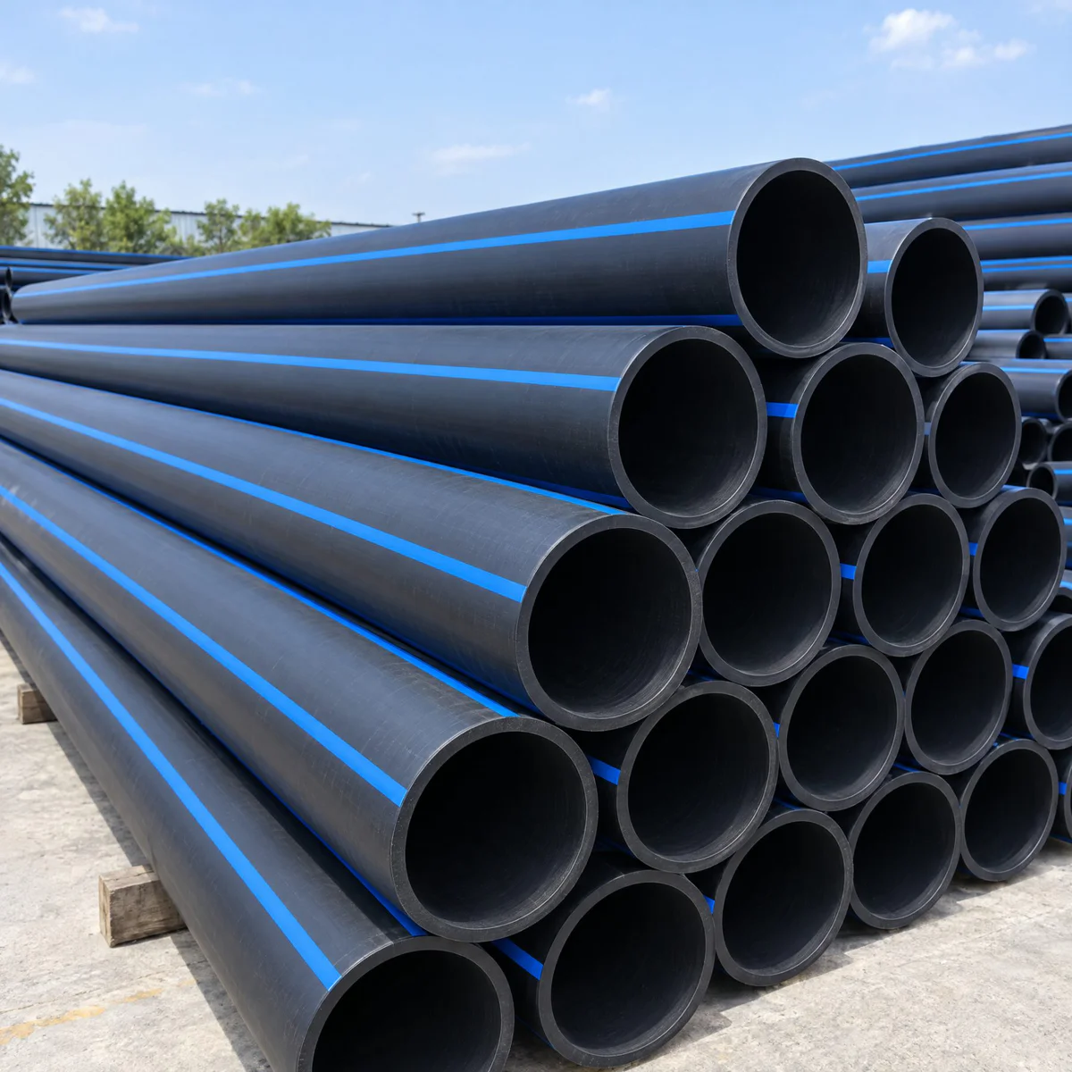 Black HDPE pipe with a blue identification stripe running along the outer surface