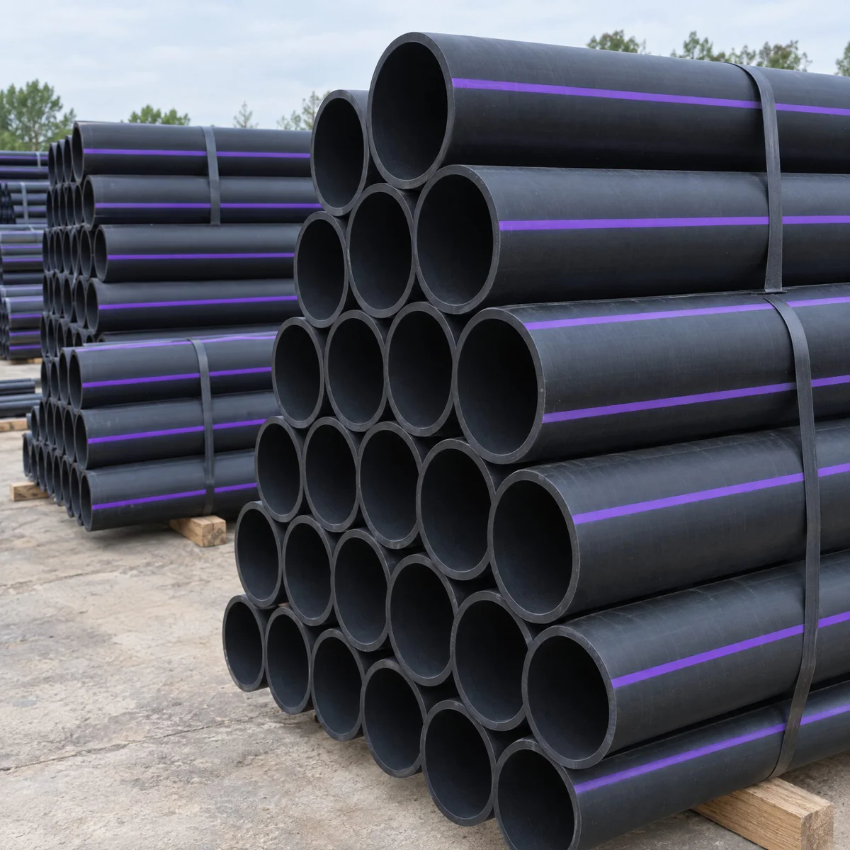 Black plastic pipe with a purple stripe used for reclaimed water marking