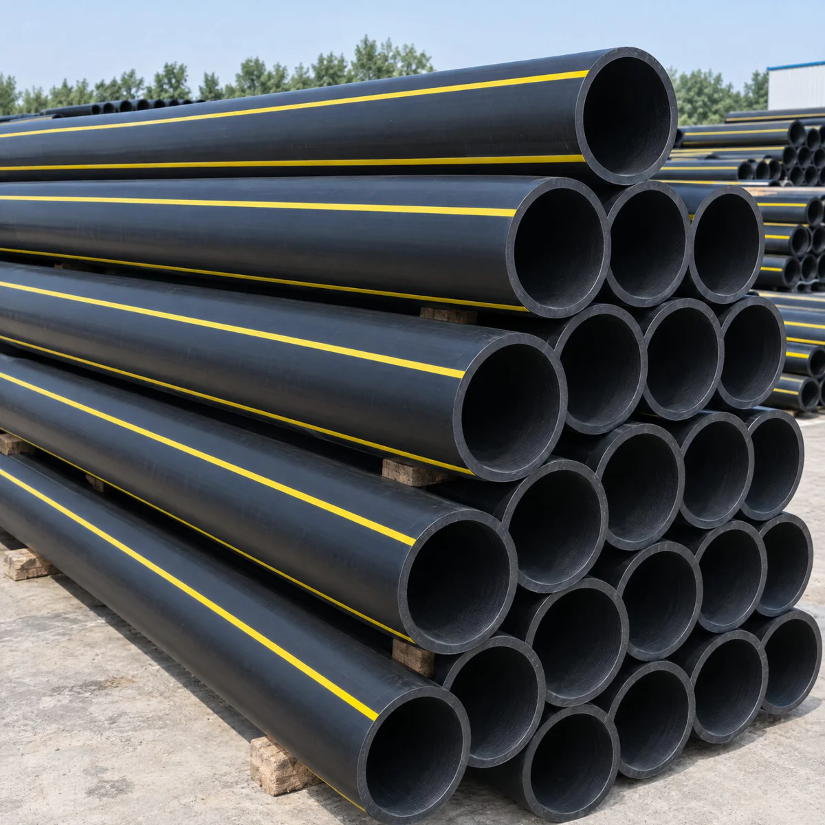 Black polyethylene pipe with a yellow stripe used for gas distribution marking