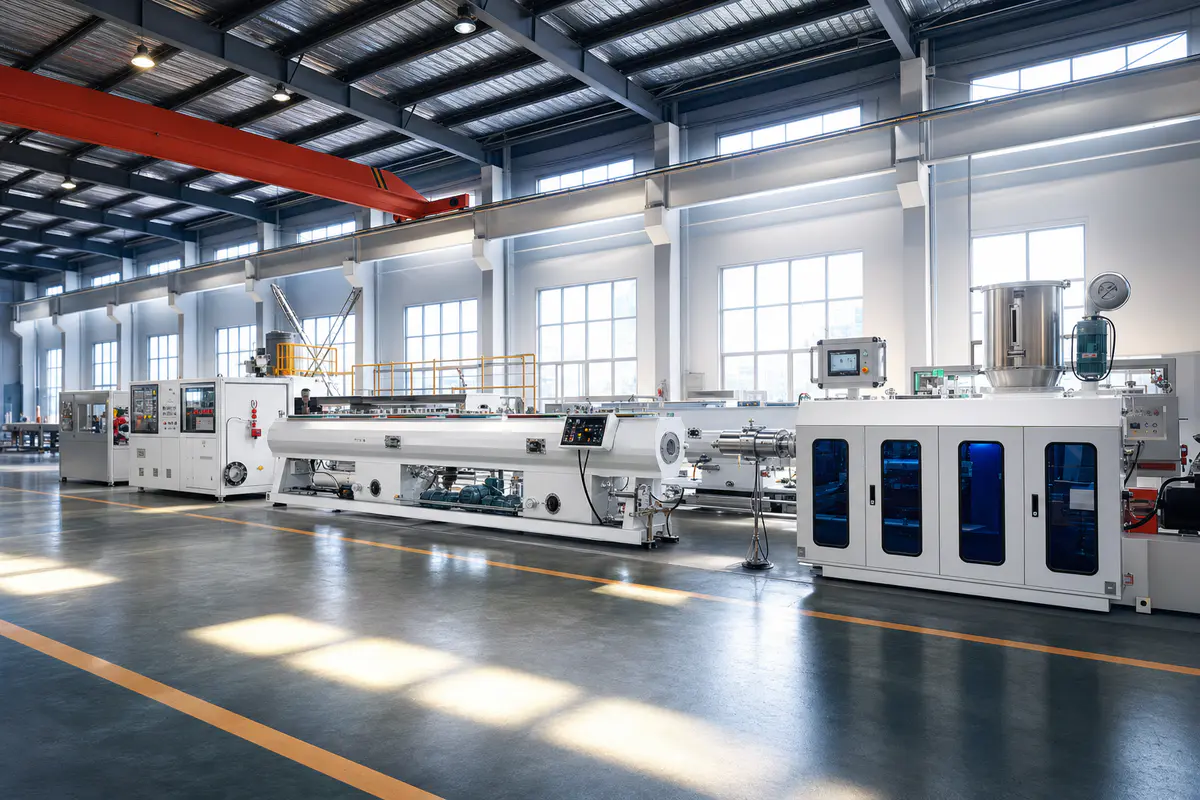Extruder screw and barrel assembly on the QTech Machinery workshop floor