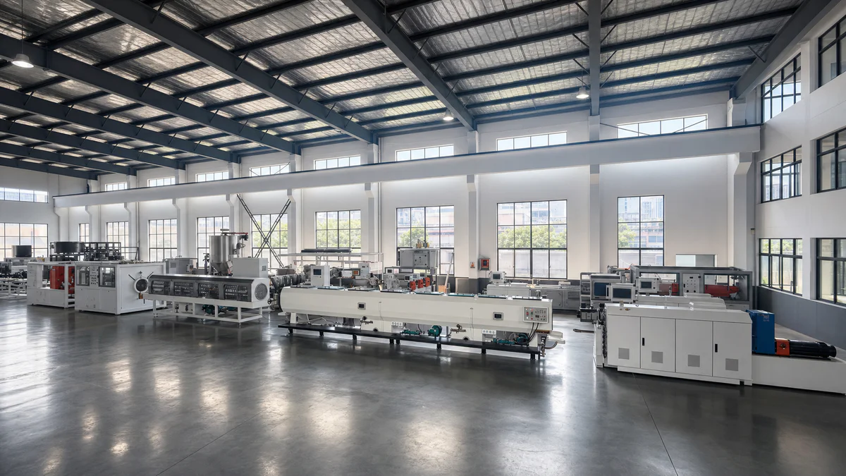 Single screw extruder running in the QTech Machinery workshop in Zhangjiagang, China