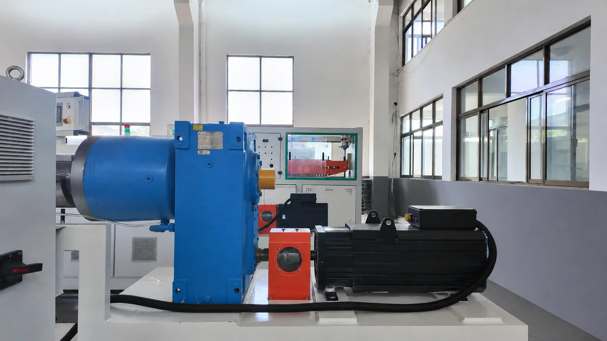 Main drive motor and gearbox on a pipe extrusion machine