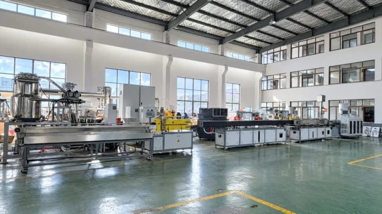 A complete extrusion line with multiple downstream units installed in a spacious factory workshop with large windows