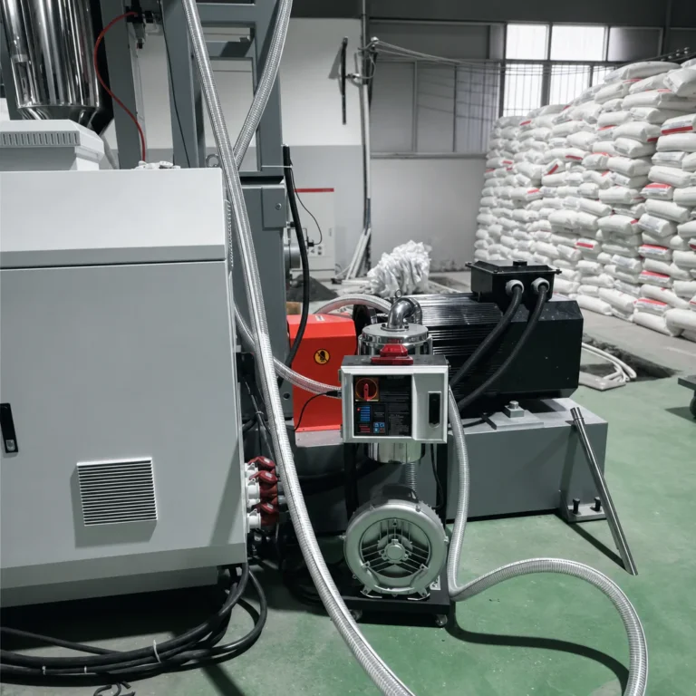 Extruder main unit with motor and vacuum loader in a factory, surrounded by cables and stacked resin bags