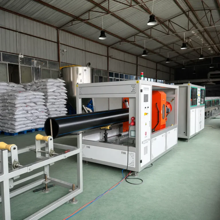 A large black plastic pipe is being produced by an extrusion line machine inside a factory with stacked resin bags