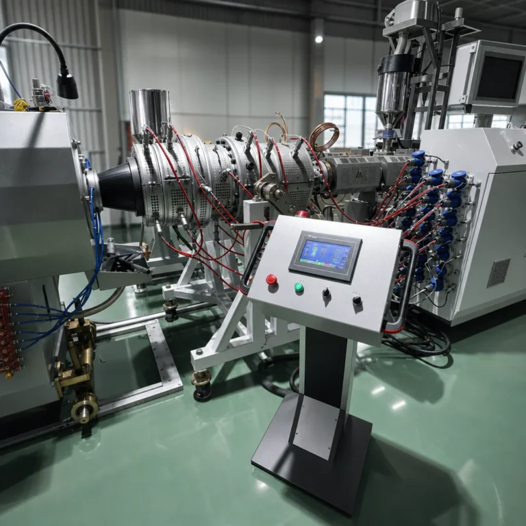 Plastic extrusion machine with a control panel and wiring on a factory floor
