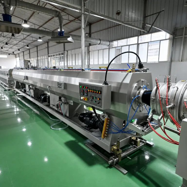 A long stainless steel extrusion line with a control panel installed on a green floor in an industrial workshop