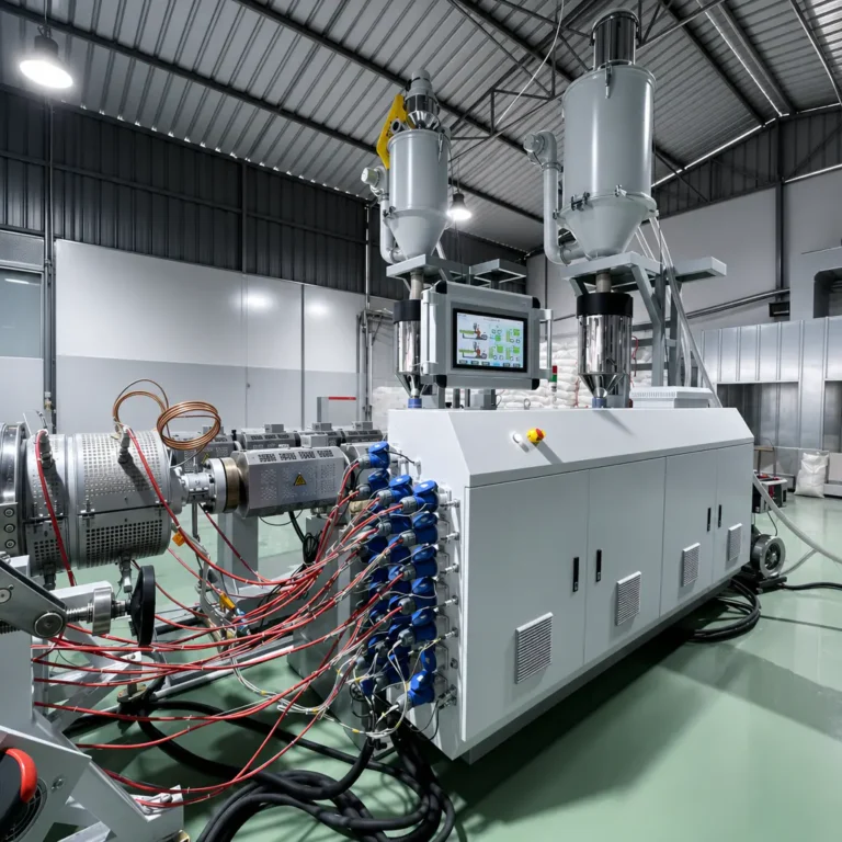 Plastic extrusion machine with dual hoppers, control panel, and multiple cables in a modern factory workshop