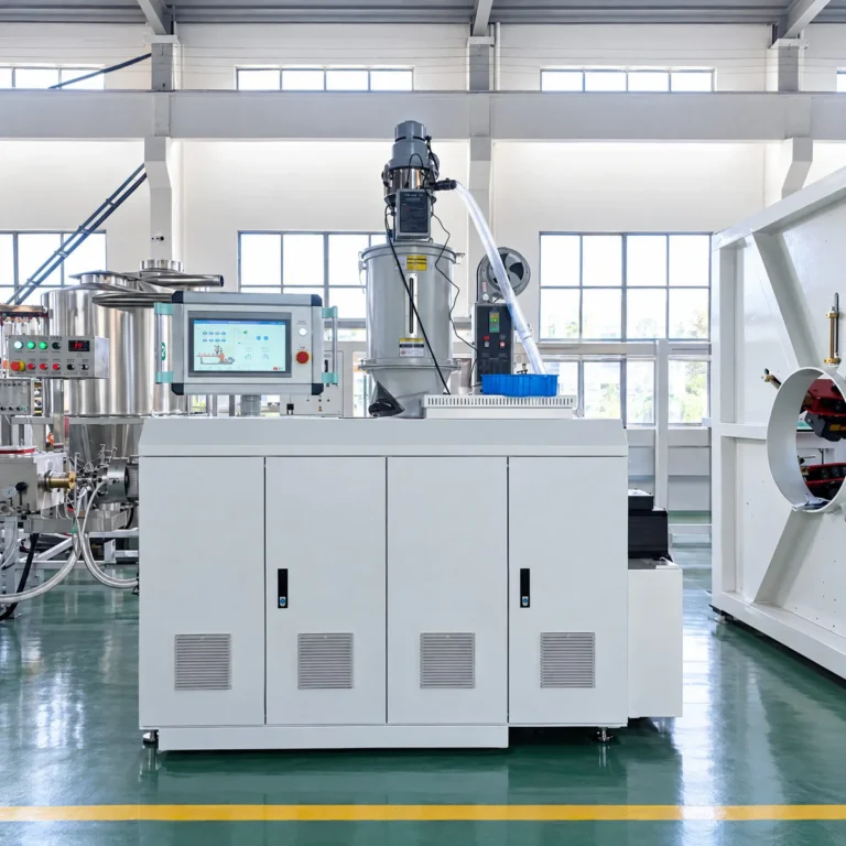 A plastic extrusion machine with a control panel and feeding system installed in a clean, modern factory workshop