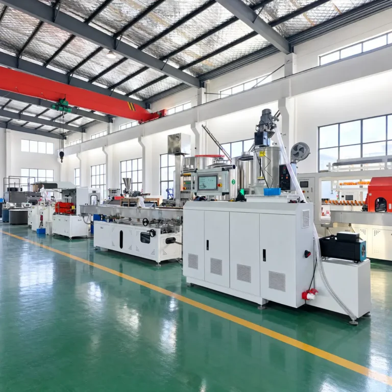 Plastic extrusion line with downstream equipment installed in a brightly lit factory workshop