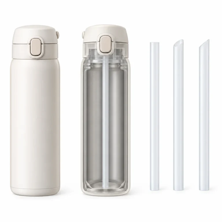 Two beige plastic bottles and three clear plastic straws displayed upright on a white background