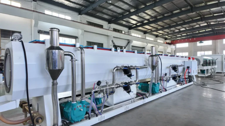 Long white vacuum shaping tank with pumps and piping installed in a spacious industrial workshop