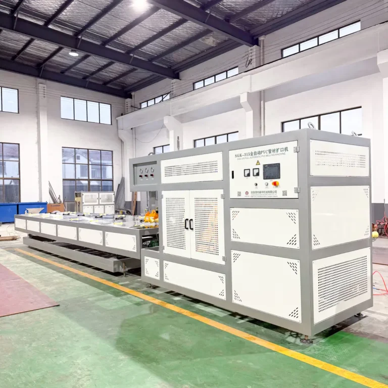 Large industrial extrusion machine with a control panel installed in a bright factory workshop